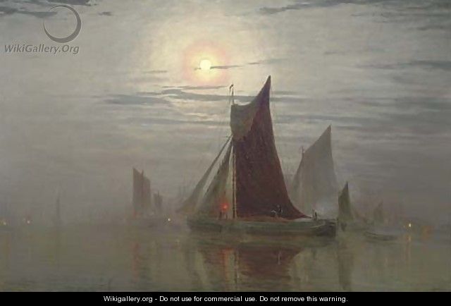 Shipping vessels by moonlight - William Simpson