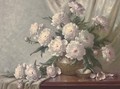 Peonies in a bronze vase on a draped table - Volney Allan Richardson