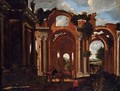 A capriccio of the Basilica of Constantine with travelers by a drinking trough and others resting - Viviano Codazzi