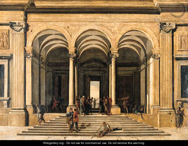 A classical loggia with Christ and the Woman taken in Adultery - Viviano Codazzi