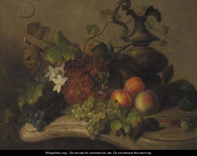 Still life with fruit and flowers on a marble ledge - Virginie de Sartorius