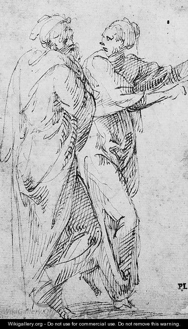 Two draped figures, one gesturing to the right - Vincenzo Tamagni Da San Gimignano
