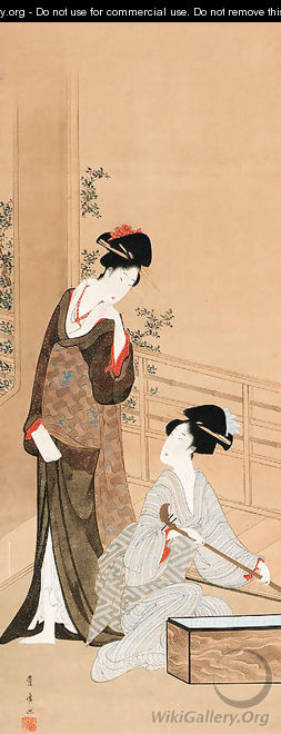 Two geisha preparing for a concert - Utagawa Toyohiro