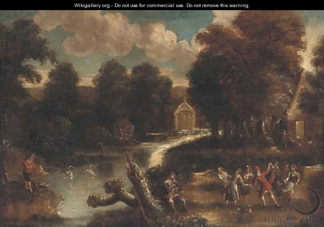 A wooded river landscape with merry-makers - Tyrolean School