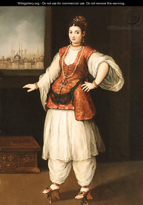 Portrait of a Sultana with a Capriccio of Istanbul through a window beyond - Venetian School
