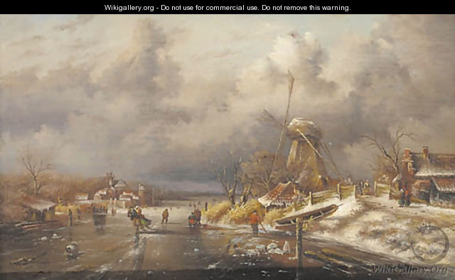 Figures skating on a frozen canal by a windmill - Romeyn de Hooghe