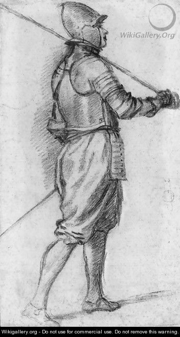 A soldier in armour walking to the right - Venetian School