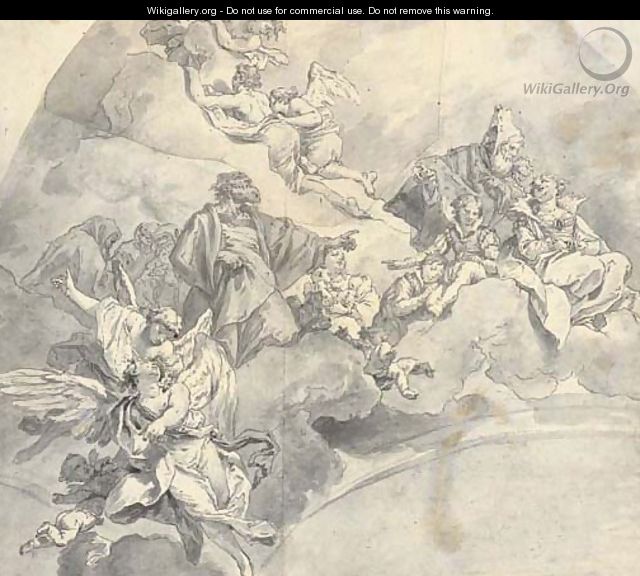 A ceiling study with angels and figures on clouds - Venetian School