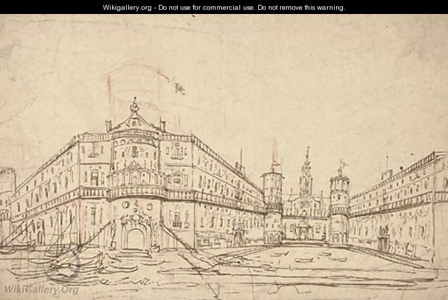 A fantastic palace by a canal Design for a theatre - Venetian School