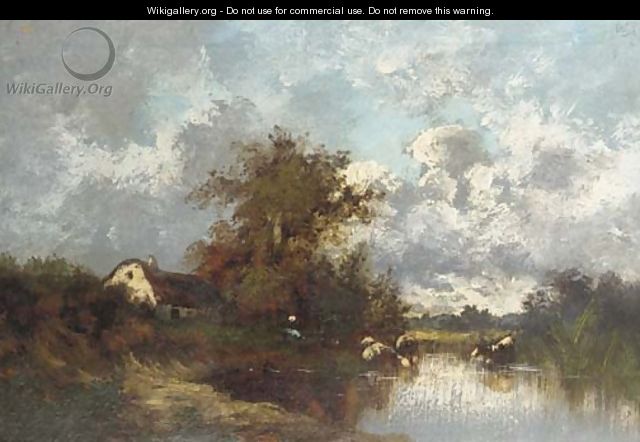 Cattle watering at a lakeside cottage - Leon Victor Dupre
