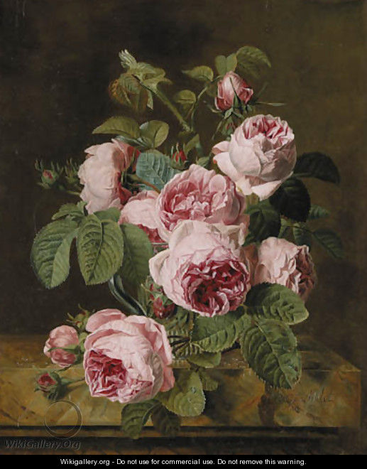 Pink roses in a glass vase on a marble edge - Vicomtesse Iphignie Decaux, Ne Milet-Moreau