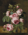 Pink roses in a glass vase on a marble edge - Vicomtesse Iphignie Decaux, Ne Milet-Moreau