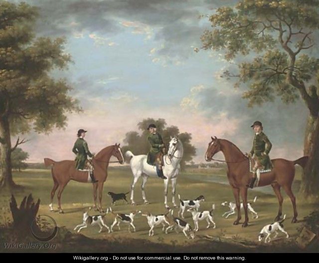 Huntsmen and hounds in a river landscape with stables beyond - Thomas Stringer