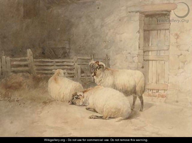 Sheep resting before a barn - Thomas Sidney Cooper