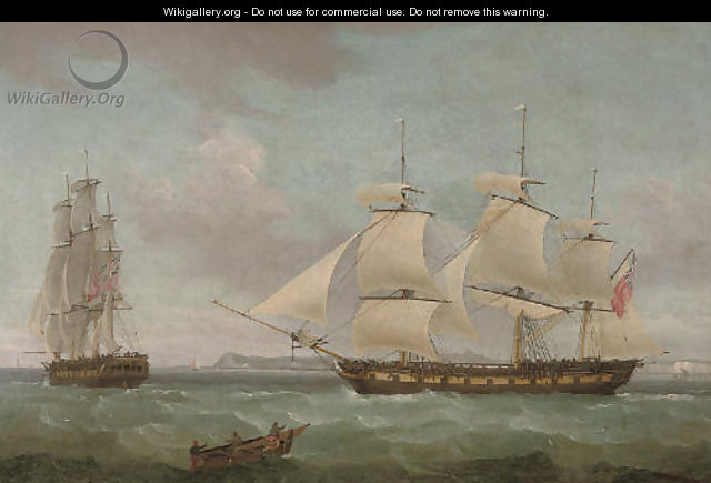 An East Indiaman in two positions off Dover, with the pilot cutter approaching off her starboard bow - Thomas Whitcombe