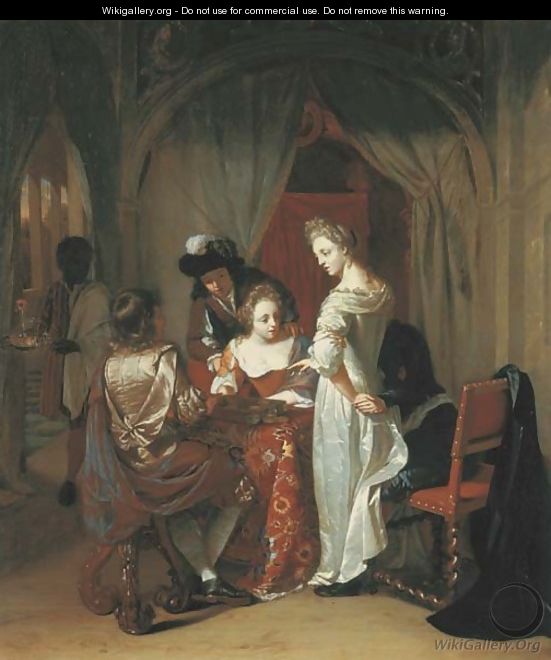 Elegant company playing tric-trac around a table in an interior - Thomas van der Wilt