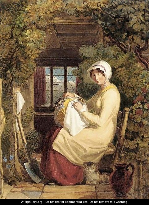 A woman seated in a doorway making lace with a cat at her feet - Thomas Uwins