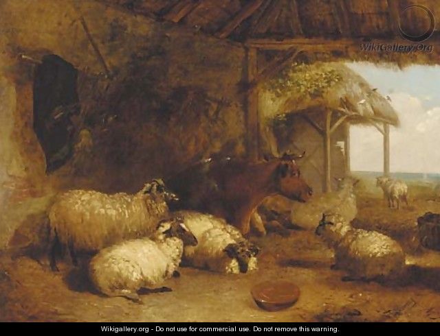 Sheep and cattle in a barn - Thomas Sidney Cooper