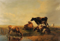 Cattle and sheep, by a pool Sunset - Thomas Sidney Cooper