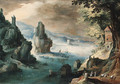 An estuary with travellers on a path before a house, a harbor beyond - Tobias van Haecht (see Verhaecht)