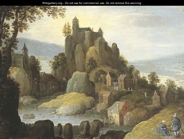 An Alpine river landscape with a clifftop castle and a village, two pilgrims in the foreground - Tobias van Haecht (see Verhaecht)