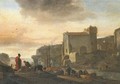 An Italianate port with stevedores unloading a ship in the foreground - Thomas Wyck
