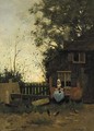 A peasant woman knitting in a farmyard - Tony Lodewijk George Offermans