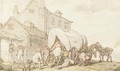 Ladies of easy virtue mounting a wagon outside an inn - Thomas Rowlandson