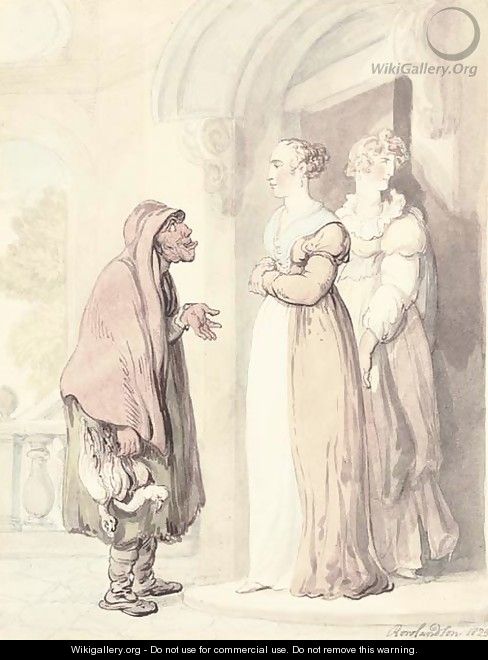 An old woman with two girls at a doorway - Thomas Rowlandson