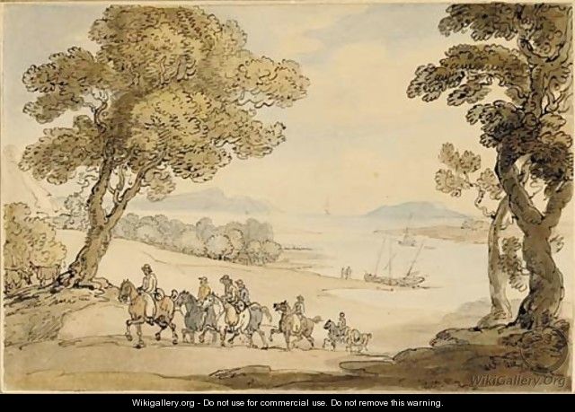 Riders ascending a hill above an estuary - Thomas Rowlandson