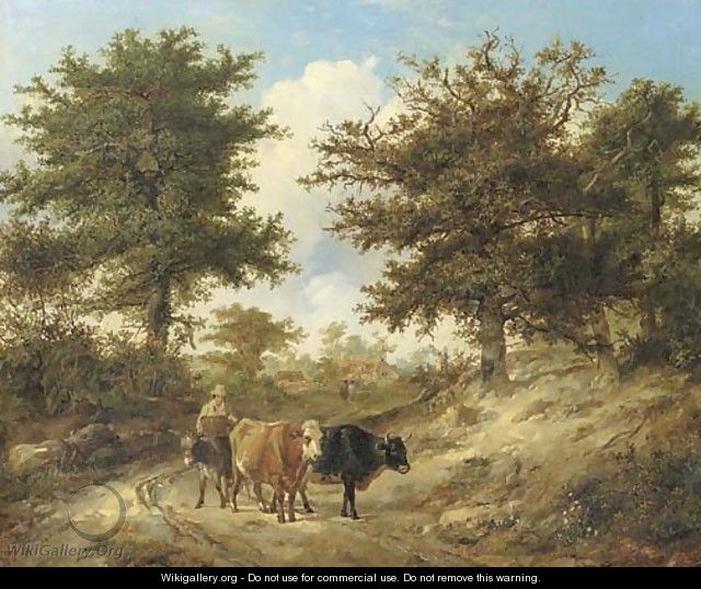A lane scene, with a peasant driving cattle - Thomas Sidney Cooper
