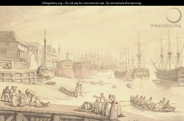 The West India Docks, Blackwall, with warships lying on the stocks - Thomas Rowlandson