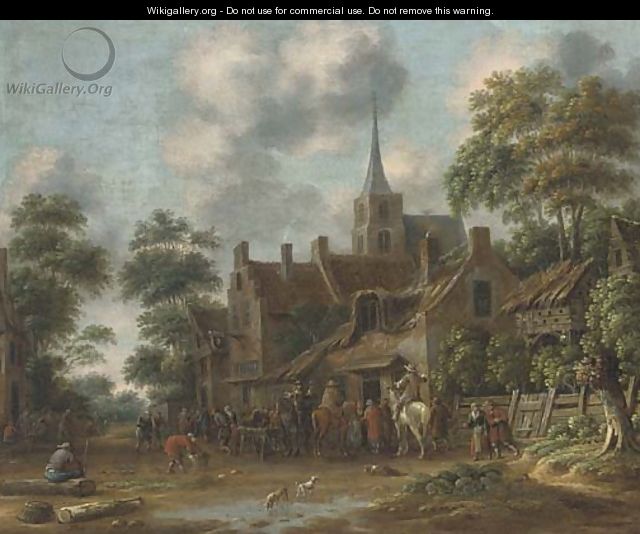 A town with horseman and other figures drinking outside an inn - Thomas Heeremans