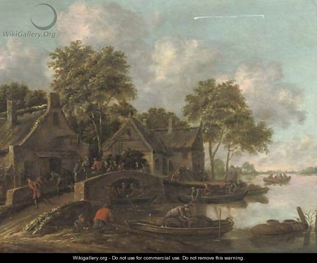 A river landscape with fishermen bringing in their catch and villagers conversing on a bridge - Thomas Heeremans