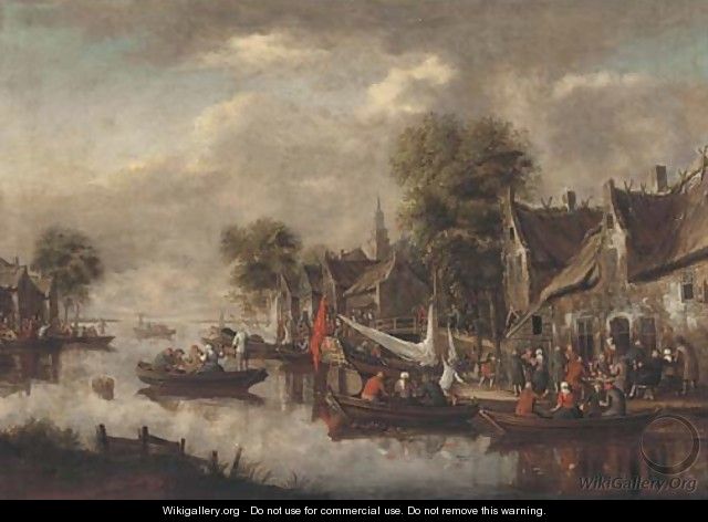 A river landscape with figures merrymaking in boats and outside an inn - Thomas Heeremans