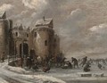 A frozen winter landscape with skaters by a fortified town gate - Thomas Heeremans