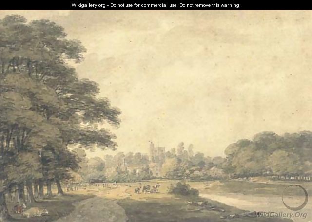 Thames landscape with a church tower in the distance - Thomas Hearne