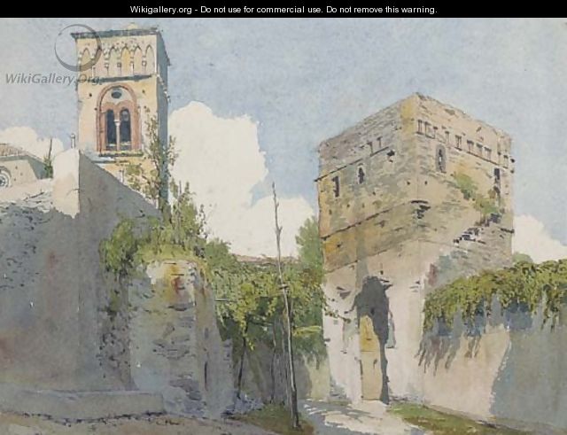A gateway to an Italian town, a church beyond - Thomas Hartley Cromek