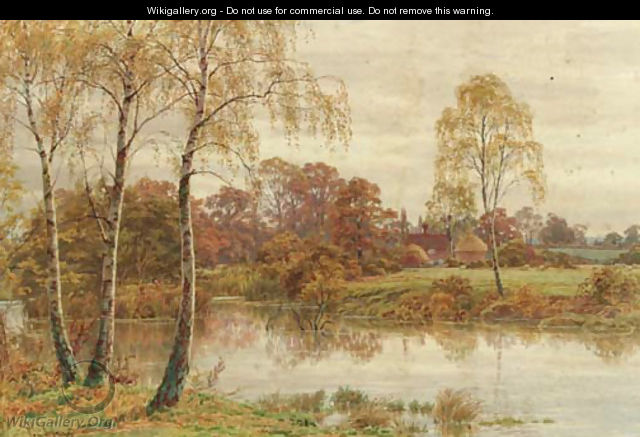 Silver birch trees beside a river with a cottage in the distance - Thomas H. Hunn