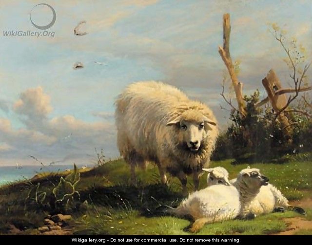 A ewe with lambs in a coastal landscape - Thomas George Cooper