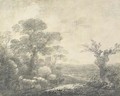 Wooded landscape with herdsmen, cows, river and church tower - Thomas Gainsborough