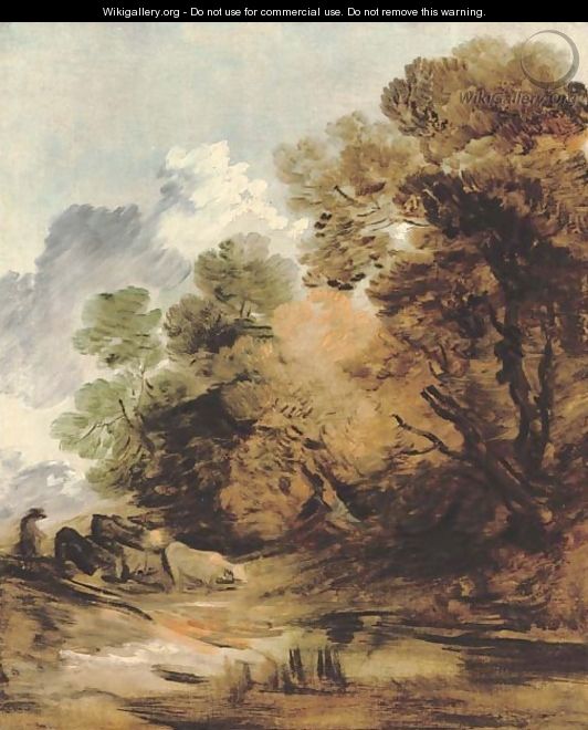 Wooded landscape with a herdsman driving cattle towards a pool - Thomas Gainsborough