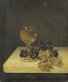 Still Life with Glass of Wine and Grapes on a Marble Ledge - Thomas H. Hope