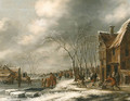 A Winter Landscape with Villagers on a frozen Waterway - Thomas Heeremans