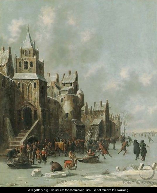 Townsfolk skating and sledging on a frozen moat before a town wall - Thomas Heeremans