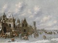Figures on a frozen canal by a walled town - Thomas Heeremans
