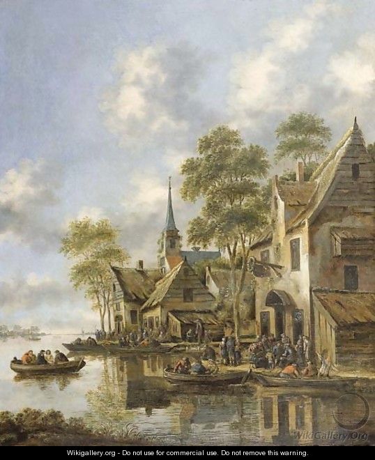An estuary with figures in ferryboats before a tavern - Thomas Heeremans