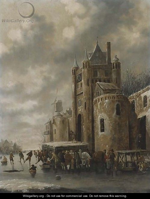 A winter landscape with townsfolk skating and sledging on a frozen river before a castle - Thomas Heeremans