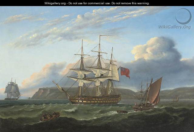 H.M.S. Bellerophon making sail out of Torbay with the defeated Emperor Napoleon aboard, 26th July 1815 - Thomas Luny