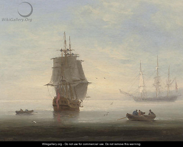 Frigates in an early morning calm, one making ready to put to sea - Thomas Luny